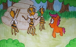 Size: 1136x704 | Tagged: safe, artist:dex stewart, scootaloo, bee, insect, pony, g4, race swap, traditional art, wingless