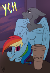Size: 1640x2360 | Tagged: safe, artist:stirren, rainbow dash, anthro, unguligrade anthro, g4, clothes, cloud, coffee, commission, cosplay, costume, disembodied head, fursuit, phone, ponysuit, sitting, sunset, window, your character here