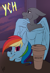 Size: 1640x2360 | Tagged: safe, artist:stirren, rainbow dash, anthro, unguligrade anthro, g4, clothes, cloud, coffee, commission, cosplay, costume, disembodied head, fursuit, partially undressed, phone, ponysuit, sitting, sunset, window, your character here