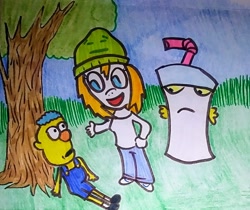 Size: 1888x1586 | Tagged: safe, artist:dex stewart, oc, oc:fargate, earth pony, anthro, aqua teen hunger force, don't hug me i'm scared, master shake, traditional art, tree, yellow guy