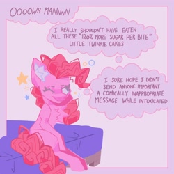 Size: 4000x4000 | Tagged: safe, artist:pastacrylic, pinkie pie, earth pony, pony, g4, bed, ear fluff, one eye closed, solo, speech bubble, stomach ache