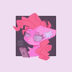 Size: 4000x4000 | Tagged: safe, artist:pastacrylic, pinkie pie, earth pony, pony, g4, bust, cellphone, colored ear fluff, ear fluff, eyebrows, iphone, passepartout, phone, smartphone, solo