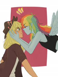 Size: 1536x2048 | Tagged: safe, artist:mintkw, applejack, rainbow dash, human, g4, applejack's hat, bare shoulders, cowboy hat, emanata, female, hat, humanized, imminent kissing, lesbian, question mark, ship:appledash, shipping, sleeveless, winged humanization, wings