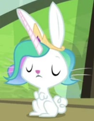 Size: 718x925 | Tagged: safe, screencap, angel bunny, rabbit, g4, testing testing 1-2-3, angelestia, animal, cropped, crown, eyes closed, horn, implied princess celestia, jewelry, princess, regalia, solo