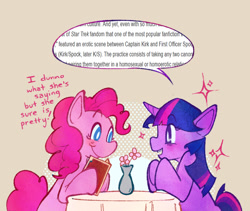 Size: 976x824 | Tagged: safe, artist:sunfishingart, pinkie pie, twilight sparkle, earth pony, pony, unicorn, g4, date, dialogue, female, flower pot, lesbian, restaurant, ship:twinkie, shipping, simple background, speech bubble, star trek, tablecloth, text, unicorn twilight, wall of text