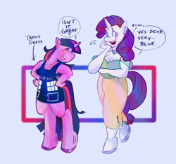 Size: 1809x1696 | Tagged: safe, artist:sunfishingart, rarity, twilight sparkle, unicorn, anthro, g4, doctor who, emanata, eyes closed, grin, open mouth, open smile, simple background, smiling, speech bubble, sweat, sweatdrops, tardis, unicorn twilight