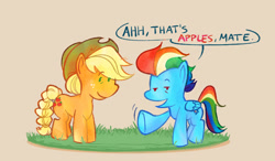 Size: 1560x912 | Tagged: safe, artist:sunfishingart, applejack, rainbow dash, pegasus, pony, g4, applejack's hat, cowboy hat, female, hat, lesbian, ship:appledash, shipping, simple background, speech bubble