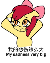 Size: 392x495 | Tagged: safe, anonymous artist, apple bloom, earth pony, pony, g4, chinese, crying, emoting mokou, engrish, female, filly, floppy ears, foal, frown, meme, ponified, ponified meme, raised hooves, sad, simple background, solo, teary eyes, text, touhou, white background