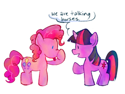 Size: 1107x835 | Tagged: safe, artist:sunfishingart, pinkie pie, twilight sparkle, earth pony, pony, unicorn, g4, :p, boop, nose wrinkle, open mouth, open smile, self-boop, simple background, smiling, speech bubble, tongue out, transparent background, unicorn twilight