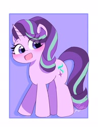 Size: 1585x2048 | Tagged: safe, artist:leo19969525, starlight glimmer, pony, unicorn, g4, blushing, female, hair, horn, mane, mare, open mouth, open smile, purple eyes, simple background, smiling, solo, tail