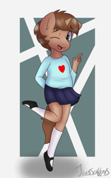 Size: 1511x2407 | Tagged: safe, artist:itwasscatters, oc, oc only, oc:heroic armour, unicorn, anthro, plantigrade anthro, brown coat, brown mane, brown tail, clothes, colt, crossdressing, cute, foal, horn, male, mary janes, one eye closed, passepartout, shoes, simple background, skirt, smiling, solo, standing, standing on one leg, tail, trap, wink
