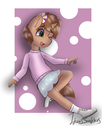 Size: 1693x2110 | Tagged: safe, artist:itwasscatters, oc, oc only, oc:heroic armour, unicorn, anthro, plantigrade anthro, brown coat, brown mane, brown tail, clothes, colt, crossdressing, cute, flower, flower in hair, foal, horn, male, one eye closed, passepartout, shoes, simple background, skirt, smiling, solo, sweater, tail