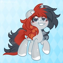 Size: 2481x2480 | Tagged: safe, artist:ninnydraws, oc, oc only, oc:penny inkwell, pony, unicorn, abstract background, eye clipping through hair, female, high res, horn, looking at you, raised hoof, smiling, solo, sparkly eyes, unicorn oc, wingding eyes