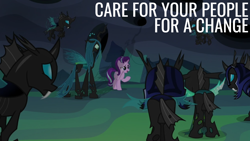 Size: 1920x1080 | Tagged: safe, edit, edited screencap, editor:quoterific, screencap, queen chrysalis, starlight glimmer, changeling, g4, to where and back again, armor, changeling armor, changeling guard, changeling hive, doctor who