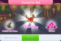 Size: 1266x860 | Tagged: safe, gameloft, dog, g4, my little pony: magic princess, bundle, clothes, costs real money, english, gem, hat, lantern, lunar new year, mobile game, numbers, pot, sale, solo, statue, text, unnamed character, unnamed dog