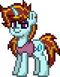 Size: 320x408 | Tagged: safe, oc, oc only, oc:exodust, pony, unicorn, pony town, animated, ear piercing, earring, eyeshadow, horn, jewelry, makeup, male, one eye closed, piercing, purple eyes, red hair, simple background, smiling, solo, stallion, striped mane, striped tail, tail, transparent background, unicorn oc, wink