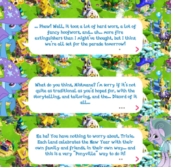 Size: 2048x1998 | Tagged: safe, gameloft, mistmane, trixie, pony, unicorn, g4, my little pony: magic princess, brooch, cape, clothes, curved horn, dialogue, dialogue box, english, ethereal mane, event, female, flower, hat, horn, implied discord, jewelry, lunar new year, mare, mobile game, speech bubble, trixie's cape, trixie's hat