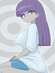 Size: 1668x2224 | Tagged: safe, alternate version, artist:batipin, maud pie, human, equestria girls, g4, barefoot, breasts, busty maud pie, clothes, eyeshadow, feet, female, makeup, shirt, shorts, solo