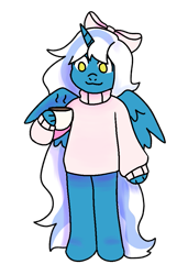 Size: 675x986 | Tagged: safe, oc, oc only, oc:fleurbelle, alicorn, semi-anthro, alicorn oc, bow, clothes, cup, female, hair bow, horn, mare, simple background, solo, sweater, transparent background, wings, yellow eyes