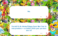 Size: 2048x1258 | Tagged: safe, gameloft, pinkie pie, earth pony, monkey, pony, g4, my little pony: magic princess, clothes, costume, dialogue, dialogue box, english, event, hat, lunar new year, mobile game, speech bubble, text
