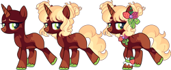 Size: 5256x2159 | Tagged: safe, artist:kurosawakuro, oc, oc only, pony, unicorn, base used, body markings, bow, bracelet, braid, choker, closed mouth, colored hooves, colored horn, facial markings, female, food, green eyes, hair bun, horn, jewelry, lidded eyes, mare, offspring, parent:sweet biscuit, parent:trouble shoes, raised hoof, simple background, smiling, solo, space buns, strawberry, transparent background, trotting, unicorn oc