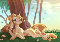 Size: 4000x2800 | Tagged: safe, artist:greenmaneheart, oc, oc only, oc:gwen, earth pony, pony, earth pony oc, female, flower, flower in hair, glasses, leaves, looking back, lying down, mare, prone, solo, sunglasses, tree