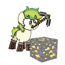 Size: 1000x1000 | Tagged: safe, artist:sugar morning, part of a set, oc, oc only, oc:karakusa, earth pony, pony, animated, boots, earth pony oc, female, filly, foal, gold, minecraft, ore block, pickaxe, shoes, simple background, solo, sugar morning's miners, transparent background