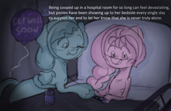 Size: 1058x690 | Tagged: safe, anonymous artist, jazz hooves, sunny starscout, earth pony, pony, series:anorexic sunny, g5, anorexia, balloon, bed, braid, braided ponytail, female, get well soon, hoof polish, hooficure, hospital bed, mare, offscreen character, one eye closed, ponytail, recovery, skinny, smiling, thin