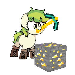 Size: 1000x1000 | Tagged: safe, artist:sugar morning, part of a set, oc, oc only, oc:karakusa, earth pony, pony, animated, boots, earth pony oc, female, filly, foal, gold, gold diamond pickaxe, gold ore, minecraft, ore block, pickaxe, shoes, simple background, solo, sugar morning's miners, transparent background