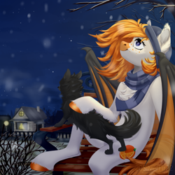 Size: 3000x3000 | Tagged: safe, artist:silverfir, oc, oc only, bat pony, cat, pony, bat pony oc, bench, chest fluff, clothes, ear fluff, fluffy, food, freckles, high res, hooves, house, night, orange, raised hoof, scarf, sitting, smiling, snow, snowfall, solo, stars, striped scarf, tree, winter, winter outfit