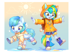 Size: 3348x2480 | Tagged: safe, artist:sofiko-ko, oc, oc only, oc:siriusnavigator, oc:siriusnavigator(alicorn), pegasus, pony, anthro, anthro with ponies, boots, clothes, female, furry, high res, jacket, open mouth, open smile, puddle, rain, raincoat, self paradox, self ponidox, shoes, smiling