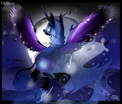 Size: 1330x1134 | Tagged: safe, artist:rubyredorca, nightmare moon, alicorn, pony, g4, blue eyes, blue mane, blue tail, clothes, digital art, ethereal mane, eyeshadow, feather, female, flowing mane, flowing tail, flying, glowing, helmet, hoof shoes, horn, makeup, mare, moon, moonlight, night, signature, sky, solo, sparkles, spread wings, starry mane, starry tail, stars, tail, wings