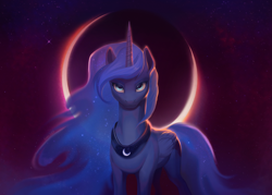 Size: 2271x1622 | Tagged: safe, artist:kinax, princess luna, alicorn, pony, g4, blue eyes, blue mane, blue tail, crepuscular rays, crescent moon, digital art, ethereal mane, female, flowing mane, folded wings, galaxy, horn, looking at you, mare, moon, moonlight, night, peytral, signature, smiling, smiling at you, solo, space, sparkles, starry mane, starry tail, stars, tail, wings