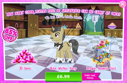 Size: 1958x1295 | Tagged: safe, gameloft, pristine, pony, unicorn, g4, my little pony: magic princess, advertisement, bowtie, cake, clothes, costs real money, cupcake, english, facial hair, food, gem, gemstones, horn, introduction card, male, mobile game, moustache, numbers, pie, sale, solo, stallion, text