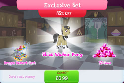 Size: 1270x860 | Tagged: safe, gameloft, pristine, pony, unicorn, g4, my little pony: magic princess, bowtie, bundle, cake, clothes, costs real money, cupcake, english, facial hair, food, gem, gemstones, horn, male, mobile game, moustache, numbers, pie, sale, solo, stallion, text