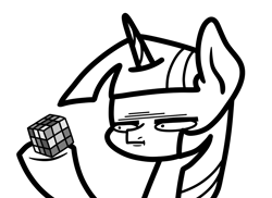 Size: 2047x1493 | Tagged: safe, artist:ewoudcponies, twilight sparkle, pony, g4, female, grayscale, monochrome, rubik's cube, simple background, solo, white background