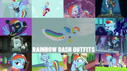 Size: 1280x721 | Tagged: safe, edit, edited screencap, editor:quoterific, screencap, rainbow dash, snowdash, zapp, pegasus, pony, a hearth's warming tail, g4, inspiration manifestation, luna eclipsed, make new friends but keep discord, newbie dash, power ponies (episode), scare master, stranger than fan fiction, suited for success, the crystal empire, the cutie re-mark, the last problem, alternate hairstyle, alternate timeline, apocalypse dash, armor, astrodash, clothes, costume, crystal war timeline, dress, gala dress, hat, jousting outfit, night guard, night guard dash, nightmare takeover timeline, pith helmet, power ponies, rainbow dash always dresses in style, shadowbolts costume, slime, torn ear, uniform, wonderbolts uniform