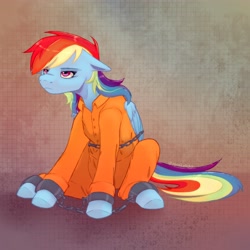 Size: 4096x4096 | Tagged: safe, artist:ximsketchs, rainbow dash, pegasus, pony, g4, bound wings, chained, chains, clothes, commissioner:rainbowdash69, cuffs, frustrated, jumpsuit, never doubt rainbowdash69's involvement, prison outfit, prisoner rd, shackles, sitting, solo, wings