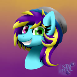 Size: 1200x1200 | Tagged: safe, artist:eldrick, oc, oc only, pony, bust, commission, female, gradient background, grin, hat, heterochromia, icon, looking at you, mare, portrait, signature, smiling, smiling at you, solo