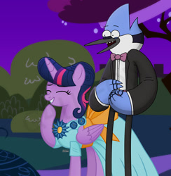 Size: 1024x1050 | Tagged: safe, artist:g4lleon, twilight sparkle, alicorn, bird, blue jay, pony, g4, bowtie, bush, crossover, crossover shipping, female, formal wear, garden, laughing, male, mare, mordecai, mordetwi, night, night sky, outdoors, regular show, ribbon, shipping, sky, smiling, straight, tree, twilight sparkle (alicorn), watermark