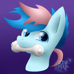 Size: 1200x1200 | Tagged: safe, artist:eldrick, oc, oc only, oc:blue chewings, earth pony, pony, bust, chew toy, commission, gradient background, icon, looking at you, male, mouth hold, portrait, signature, smiling, solo, stallion