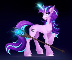 Size: 3000x2500 | Tagged: safe, artist:buvanybu, starlight glimmer, pony, unicorn, g4, the cutie map, equal cutie mark, female, glowing, glowing horn, high res, horn, mare, purple eyes, raised hoof, s5 starlight, smiling, solo, staff, staff of sameness, wrong eye color