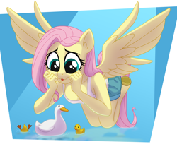 Size: 1920x1620 | Tagged: safe, artist:whitequartztheartist, fluttershy, bird, duck, pegasus, anthro, g4, clothes, denim, denim shorts, duckling, flying, looking down, shirt, shorts, simple background, solo, tank top, underhoof, water