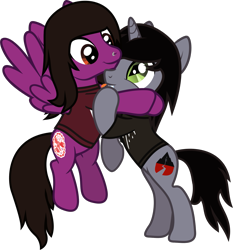Size: 1369x1468 | Tagged: safe, artist:lightningbolt, derpibooru exclusive, pegasus, pony, unicorn, g4, .svg available, bipedal, bipedal leaning, clothes, disguise, disguised siren, duo, duo male, flying, happy, horn, hug, kellin quinn, leaning, male, nose piercing, pierce the veil, piercing, ponified, shirt, show accurate, simple background, sleeping with sirens, slit pupils, spread wings, stallion, svg, t-shirt, tongue out, transparent background, vector, vic fuentes, wings