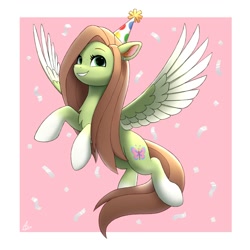 Size: 2000x2000 | Tagged: safe, artist:luminousdazzle, oc, oc only, oc:lumina, pegasus, pony, chest fluff, confetti, ear piercing, female, flying, freckles, gradient hooves, hat, high res, mare, party hat, passepartout, pegasus oc, piercing, smiling, solo, spread wings, wings