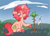 Size: 1758x1250 | Tagged: safe, artist:shoobular, oc, oc only, oc:amber haze, pony, unicorn, cloud, commission, female, glowing, glowing horn, grass, hair over one eye, horn, levitation, lidded eyes, looking down, magic, magic aura, outdoors, plant, planting, raised hoof, sitting, smiling, solo, tail, telekinesis, trowel, unicorn oc, unshorn fetlocks