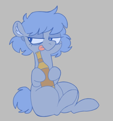 Size: 708x757 | Tagged: safe, artist:shoobular, oc, oc only, earth pony, pony, alcohol, bottle, ear fluff, earth pony oc, female, gray background, lidded eyes, looking sideways, mare, simple background, sitting, solo, tail, tongue out