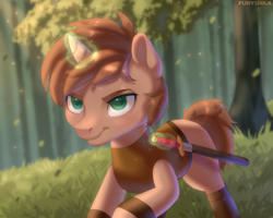 Size: 2146x1717 | Tagged: safe, artist:furryushka, oc, oc only, oc:heroic armour, pony, unicorn, boots, clothes, colt, confident, foal, forest, glowing, glowing horn, horn, magic, male, shoes, solo, sword, telekinesis, tree, unicorn oc, weapon