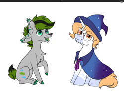 Size: 2160x1620 | Tagged: safe, artist:lambydwight, oc, oc only, oc:aurelion, oc:mourning rain, deer, deer pony, earth pony, original species, pony, unicorn, cape, clothes, deer oc, duo, glasses, hat, horn, non-pony oc, simple background, unicorn oc, white background