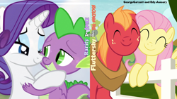 Size: 1920x1080 | Tagged: safe, anonymous artist, artist:edy_january, artist:georgegarza01, edit, edited screencap, screencap, big macintosh, fluttershy, rarity, spike, dragon, earth pony, pegasus, pony, g4, eyes closed, female, fence, holding each other, looking at each other, looking at someone, male, mare, nuzzling, ship:fluttermac, ship:sparity, shipping, smiling, smiling at each other, stallion, straight